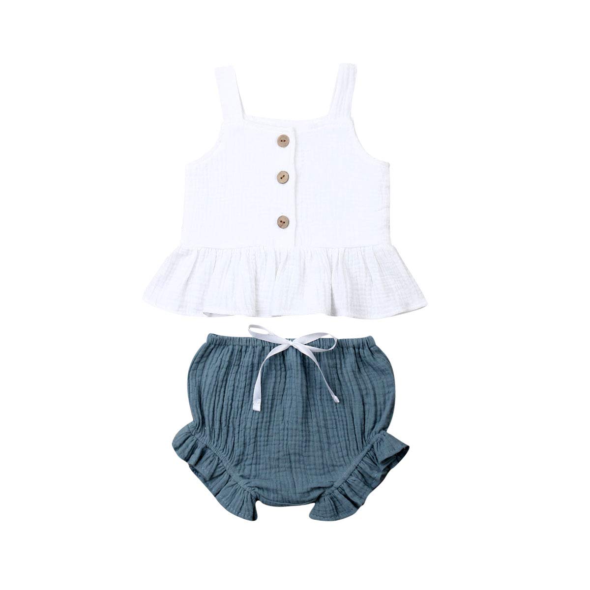 Newborn Baby Girls Summer Outfit Button Sleeveless Crop Tops + Mini Shorts 2pcs Clothing Set (White Blue Assorted, 2-3T)