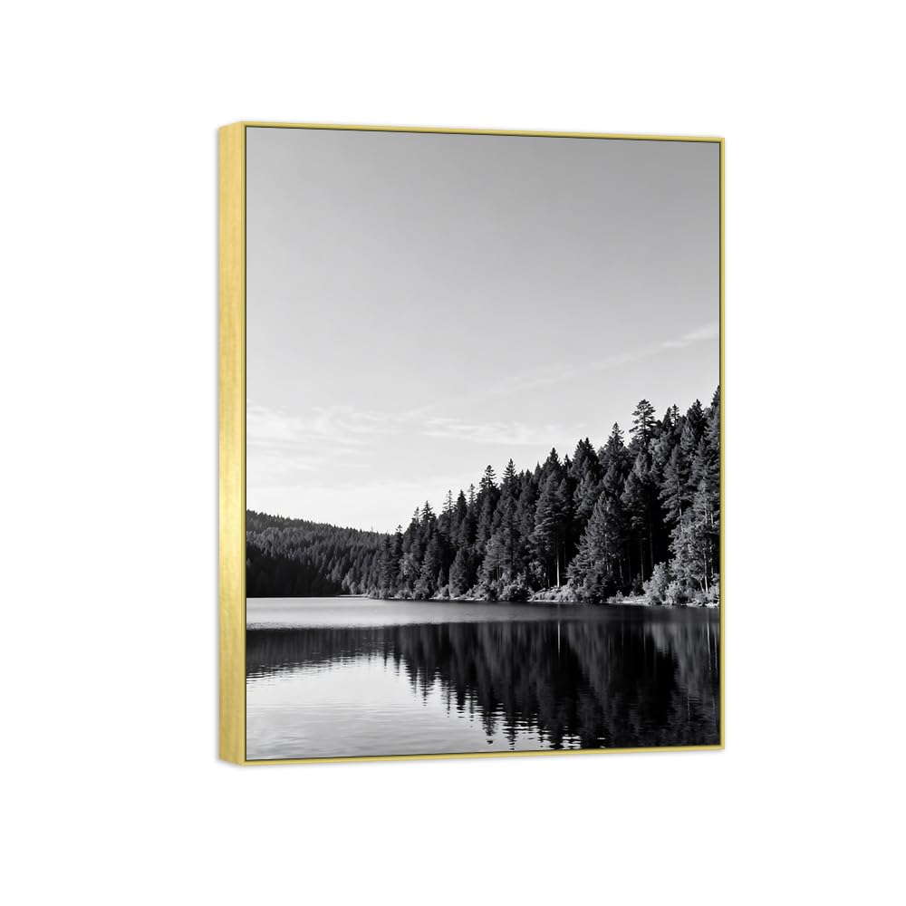 Forest Lake 2 Black White Landscape Canvas Picture 80x105cm Gold Frame