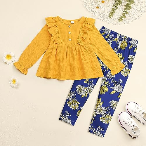 Image of Axumity Kid Girl Clothes Ruffle Sleeve Top Floral Allover Pants 3-9 Years Fall Outfit Set