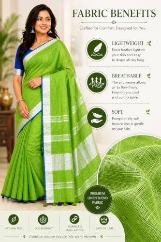 Image of HAIDER ALI AND SONS Grey Cotton Linen Saree for Women | Soft Linen Slub Blend Saree with Running Blouse Piece | Lightweight Handloom Style Saree | Office, Casual, Party & Festival Wear