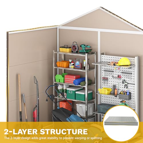 Image of DWVO 6x4.4 FT Outdoor Storage Shed, Plastic Garden Tool Shed with 2 Windows, Double-Wall Outside Shed for Lawn Mower, Garden Tool for Backyard, Patio, Lockable, Beige