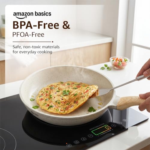 Image of Amazon Basics Ceramic nonstick Coating Fry Pan 24 cm| BPA-Free & PFOA-Free | Even Heat Distribution | Induction & Gas Compatible | Stay-Cool Handle | Dishwasher Safe | Ivory