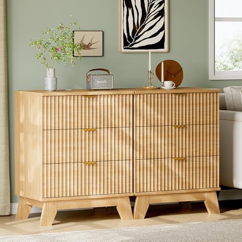 Image of Xixini Fluted Nightstand with Charging Station, Tall Bedside Table, Oak