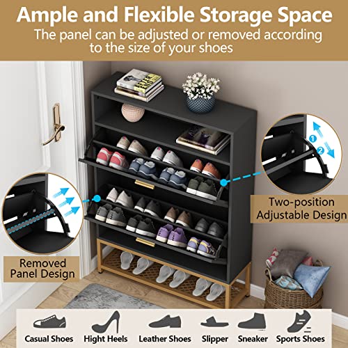 Loomie-Shoe-Cabinet-Free-Standing-Tipping-Bucket-Shoe-Rack-Organizer-with-2-Flip-DrawersEntryway-Narrow-Shoe-Storage-with-Shelf-Top-CubbyModern-Slim-Hidden-Cabinet-With-Doors-Black Loomie Shoe Cabinet Free Standing Tipping Bucket Shoe Rack Organizer with 2 Flip DrawersEntryway Narrow Shoe Storage with Shelf Top CubbyModern Slim Hidden Cabinet With Doors Black