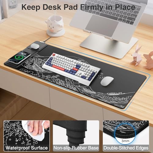 Image of Wireless Charging Mouse Pad with Foldable Phone Holder, 31.5 inchx15.8 inch Large Desk Mat for Laptop /Keyboard, Waterproof Ultra-Smooth Surface, Non-Slip Base, Black Wave
