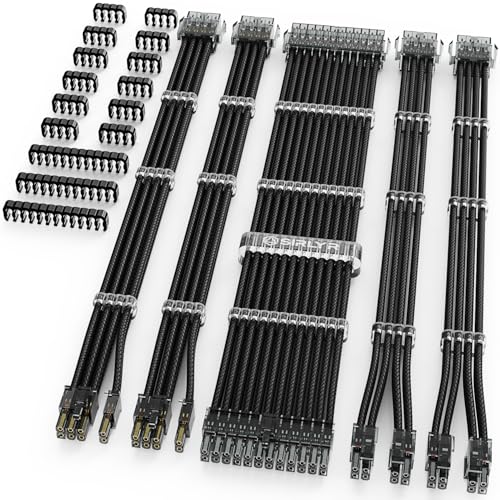 Sirlyr PSU Cable Extension Kit Customed PC Power Supply Extend Mod 16AWG with 24 Pin ATX × 1 8 Pin EPS × 2 Gold-Plated 8Pin Pcie × 2,Soft Nylon Braided Black