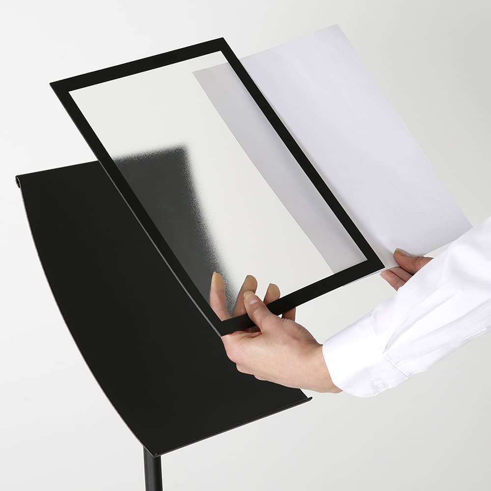 DisplayLager - Infoständer in Schwarz mit gebogenem Rahmen & Stange, Magnetverschluss, Fuß aus Metall (A3)