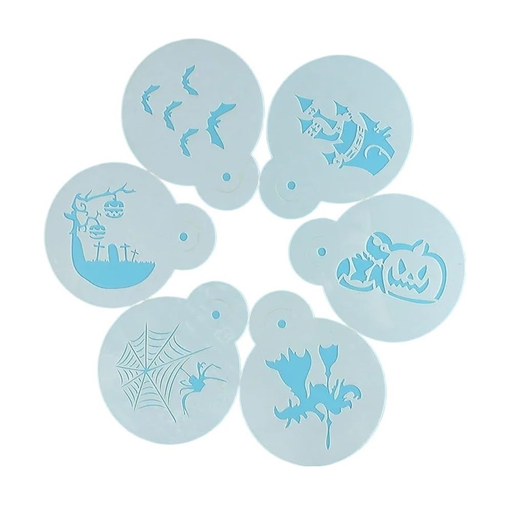 Juego de 6 plantillas de café con leche para tartas, cupcakes, capuchino, barista, tallar, estilo Halloween, herramienta de pulverización para decoración de bordes (B)