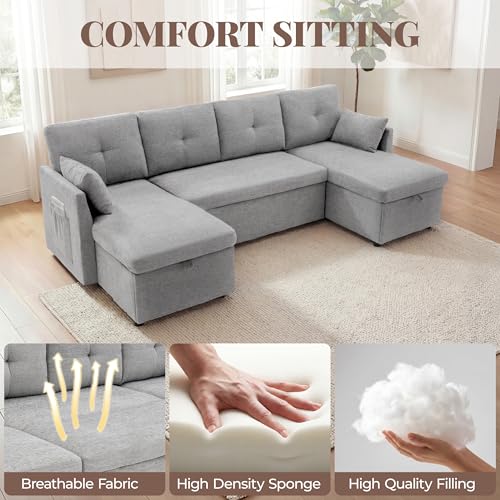 Image of Huatean Home Oversized Sleeper Sofa Couch, 100 inch 2 in 1 Pullout Couch Bed with Side Pockets for Living Room, Sectional Sleeper Sofa Bed with Double Storage Chaise, LightGrey