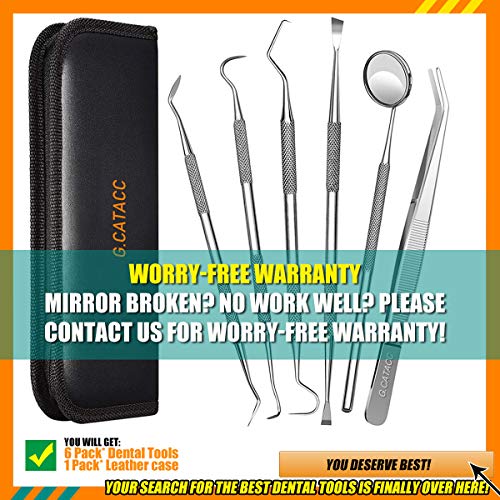 Dental Tools, 6 Pack Teeth Cleaning Tools S   tainless Steel Dental Scraper Tooth Pick Hygiene Set with Mouth Mirror, Tweezer Kit for Dentist, Family Oral Care, Dogs - with Leather Case