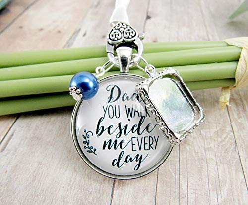 Bridal Bouquet Charm Dad You Walk Beside Me White Blue Wedding Pendant Father Memorial Photo Silver Finish Jewelry