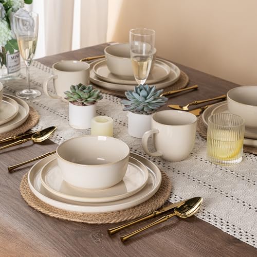 Image of GBHOME Dinnerware Sets for 4, 12 Pieces Stoneware Plates and Bowls Sets, Scratch Resistant Dishes, Dishwasher & Microwave Safe, Reactive Glaze-Vanilla color