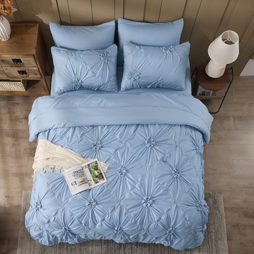Image of Sky Blue Comforter Set King Size Bed in A Bag 7 Piece Pinch Pleat Bedding Set, Pintuck Ruched Flowers Bed Set with Comforter, Sheets, Pillowcases & Shams