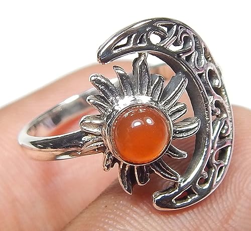 Crescent Moon And Sun Carnelian Round 925 Sterling Silver Carnelian Ring Jewelry for Good Luck Promise Ring Vintage Ring Birthday Gift Gift For Her3