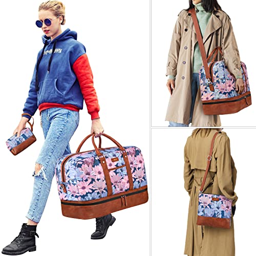 Image of Weekender Bag for Women, Large Overnight Bag Canvas Travel Duffel Bag Carry On Tote with Shoe Compartment 21 inch 3Pcs Set, A10-brown+blue flower, Large
