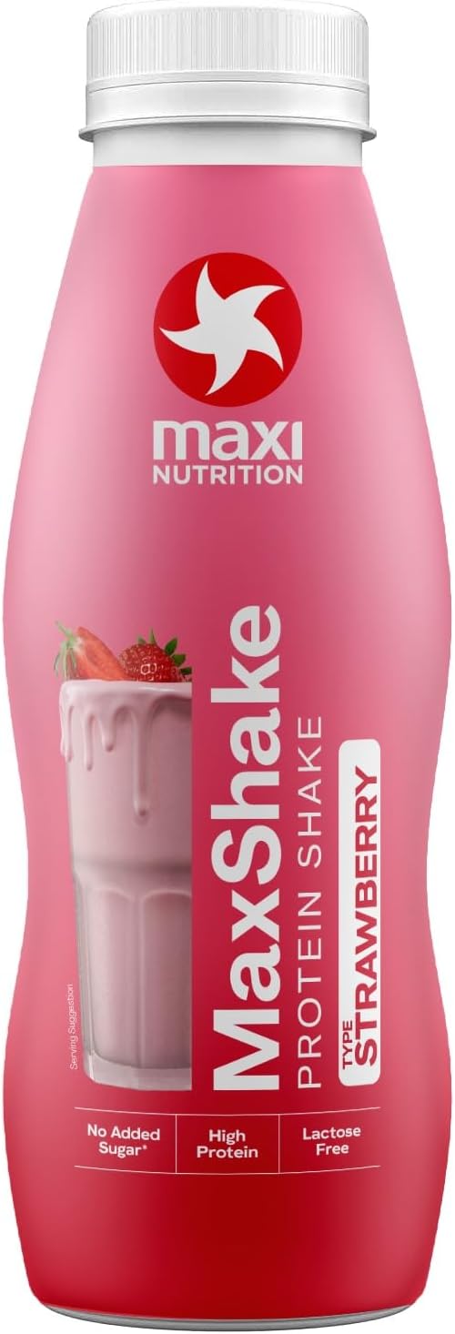 MaxShake Protein Milkshake Strawberry, 12 x 330 ml, Creamy Protein Shake for Travel, 25 g Protein, Low Fat and Low Carb, Lactose-Free, No Artificial Flavours