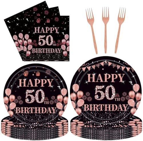 96Pcs 50th Rose Gold Party Supplies Include Birthday Plates and N...