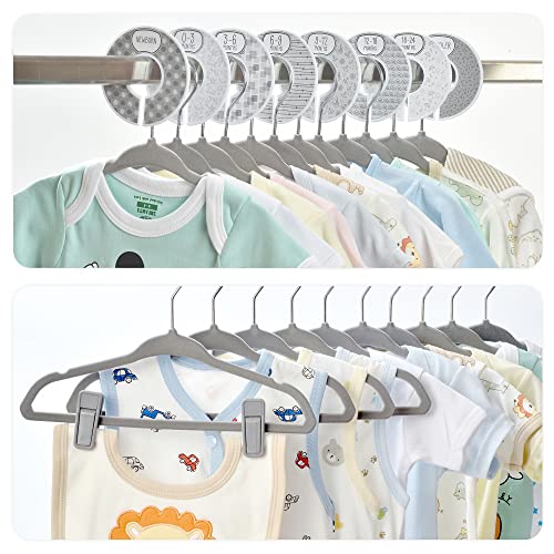 Babyrish Velvet Baby Hangers 30 Pack, Ultra Thin Nonslip Nursery Clothes Hangers With 8Pcs Cute Clothing Dividers And 10Pcs Hanger Clips For Baby Boys & Girls Closet Organizer, Grey Kids Hangers #TOP1