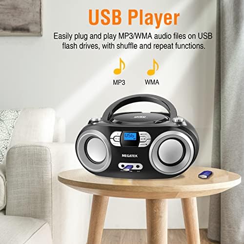 MEGATEK Portable Stereo CD Player Boombox with FM Radio, Bluetooth, USB, Aux-in and Headphone Jack, CD-R/RW and MP3 CDs Compatible, Clear and Balanced Sound, AC/Battery Operated - Black 7 513Fja4vUWL. AC