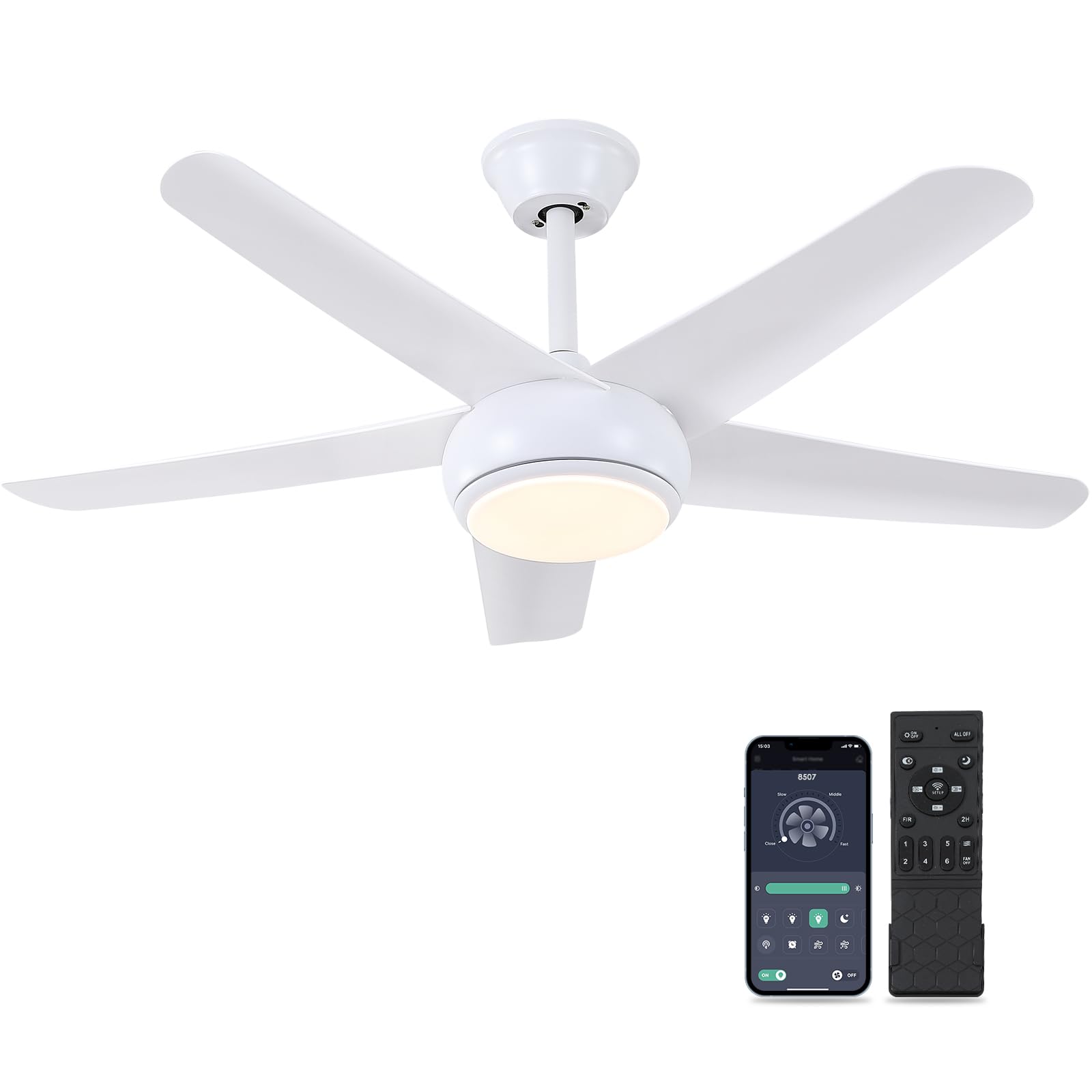 White Ceiling Fans with Lights - 44" Modern Ceiling Fans with 5 Blades and 3CCT Dimmable, Low Profile Ceiling Light Fixture, Indoor/Outdoor Ceiling Fan Light for Bedroom, Covered Patios