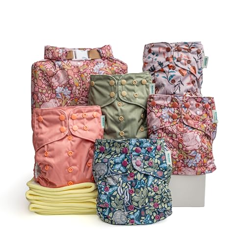 Image of Kinder Cloth Diapers Reusable Baby Diapers Pocket Style Athletic Wicking Jersey, Bamboo Viscose Inserts, Wet Bag, Newborn to Potty Training 7-60lbs, One Size (Garden Party, 5 Pack, with Inserts)