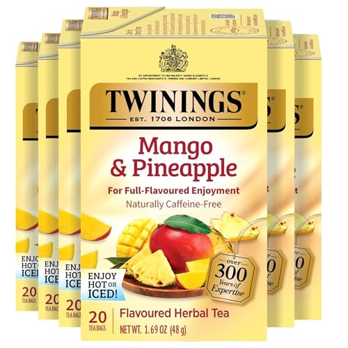 Twinings Mango &amp; Pineapple Herbal Tea Individually Wrapped Bags, 20 Count (Pack of 6), Naturally Caffeine-Free, Enjoy Hot or Iced, 120 Teabags