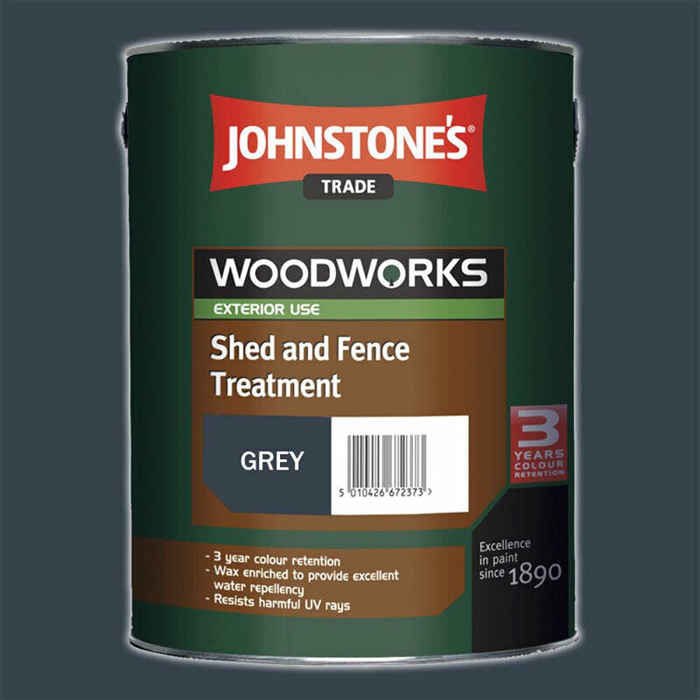 Grey - 5Ltr Johnstones Shed And Fence Paint Treatment - 3 Year Colour Retention - Uv & Water Resistant - Grey - Free 4" Woodcare Brush 5010426816029