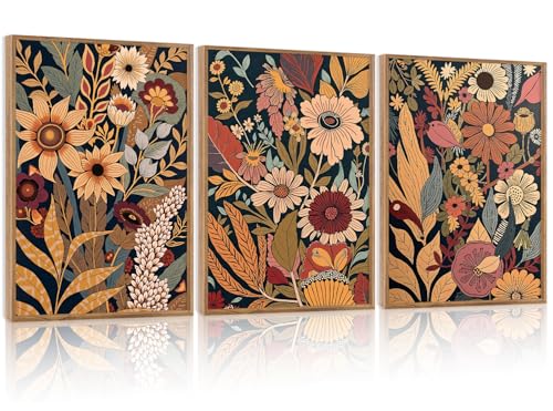Décoration murale bohème rustique avec 3 toiles florales de salon