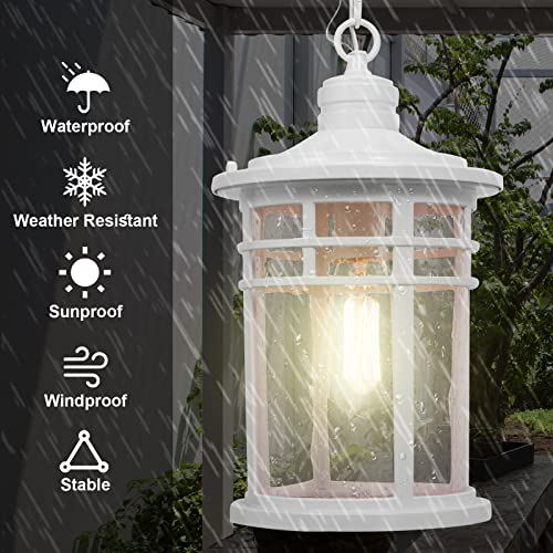 Image of Darkaway Large Outdoor Pendant Lights for Porch, 15inch Outdoor Chandelier Hanging Porch Lights Ceiling Mount Aluminum with Seeded Glass for Front Porch Gazebo Patio (Large, White)