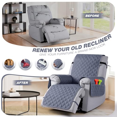 Image of TAOCOCO Recliner Sofa Covers, 100% Waterproof Recliner Covers,with Leg Straps, Reversible Recliner Couch Cover for Reclining Chair, Washable Couch Protector for Pets Kids(1 Seater 28 inch, Bluish Gray)