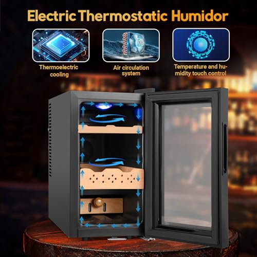 Image of 25L Electric Humidor,150 Counts Thermostatic Cooling Humidor Cabinet with Spanish Cedar Wood Shelves, Digital LED Screen, Safety Lock, Gifts for Men
