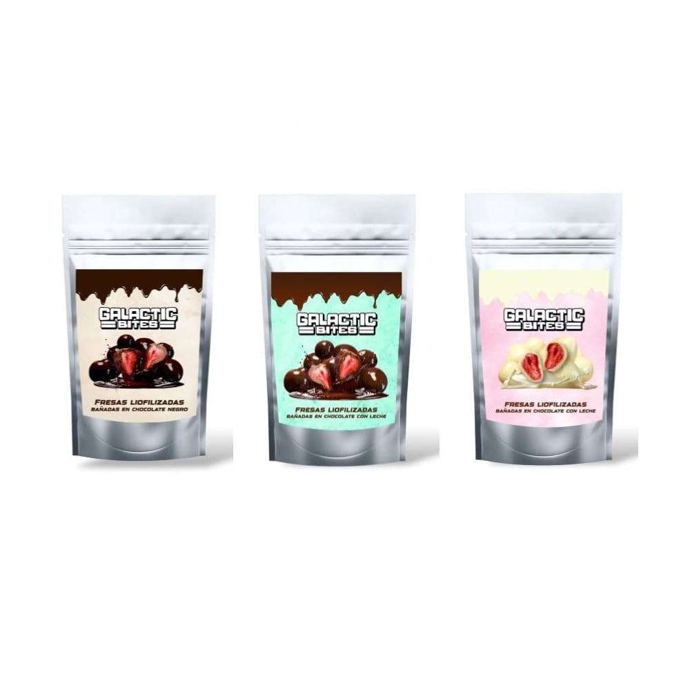 Pack de 3 Bolsas de Fresas Liofilizadas Bañadas en Chocolate Blanco, Leche y Negro – 80g | Fruta Crujiente Natural, Sin Gluten | Perfectas para Regalar o Disfrutar como Snack Gourmet