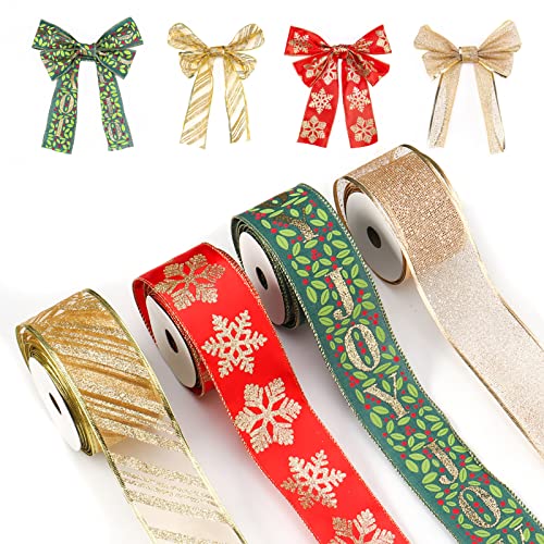 Chrismas Ribbons 4 Rolls 24 Yards Ribbon Wired Edge Ribbons for Printed for Wreaths Bow Maker for for Floral Bow DIY Craft Xmas Party Supplies