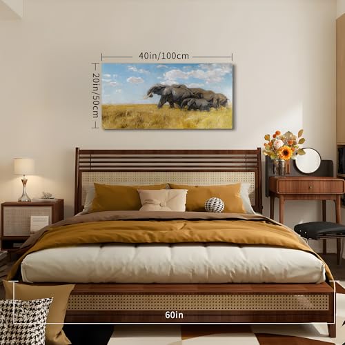 SERIMINO Large Wall Art Vintage Decor, Elephant Herd Canvas Painting, Grassland Landscape Wall Art Prints, Nature Animals Pictures Wall Decor for Bedroom Living Room Bathroom Office 20x40 Inch