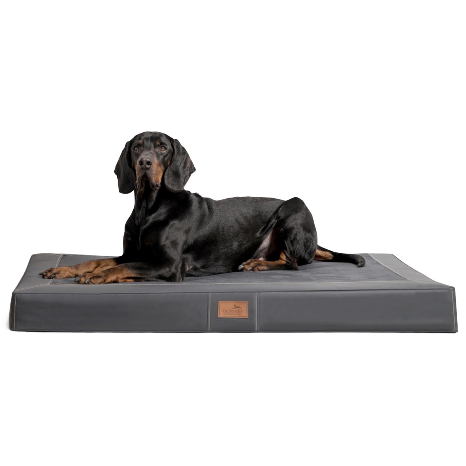 tierlando® Orthopädische Hundematratze Oscar VIP aus Kunstleder und Velours mit Visco-Schaumfüllung, druckentlastende Hundematte mit Rutschfester Unterseite Größe: 120x90cm | Farbe: 02 Graphit