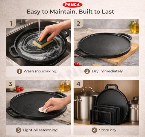 Image of PANCA Pre-Seasoned Cast Iron Dosa Tawa 30 cm | Heavy Roti /Chapati Tawa for Gas & Induction | Chemical-Free, Naturally Non-Stick Pan (2 in 1 Grill Tawa)