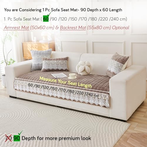 Image of HOKIPO 'BelleLace Series' Imperial Milk Velvet Sofa Cover Mat with Lace Design| Make Your Own Sofa Cover Set, Mat Length 90(D) x 60(L) cm, Cloud Grey (AR-5962-LGRY)
