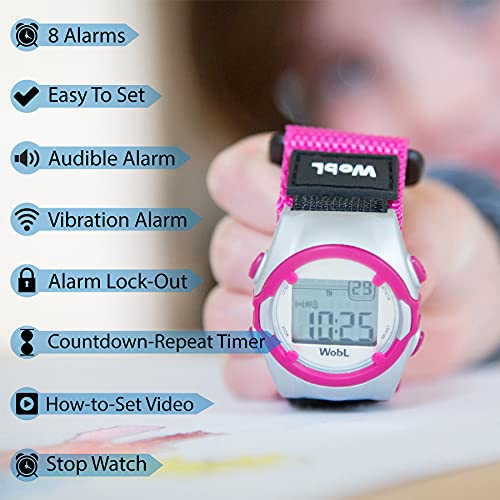 WobL Vibrating 8-Alarm & Repeating Countdown Timer Watch, Medication/Sports/Meetings/Potty Reminders, Pink - Thumbnail 3