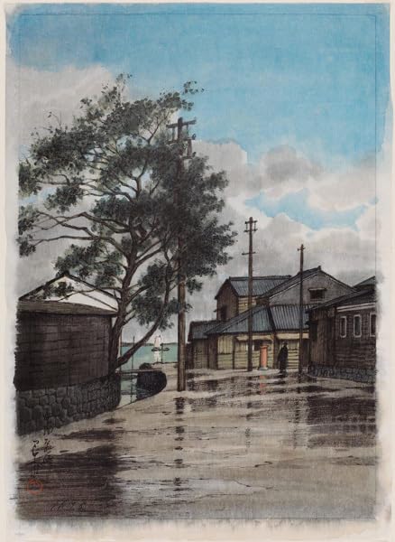 Amazon.co.jp: 川瀬巴水 肉筆 水彩画 尾州亀崎 十一年 37.5x27.4cm