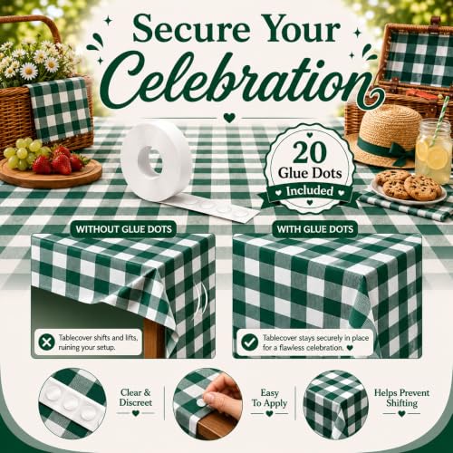 Image of Blue Orchards Green Gingham Table Cover (Pack of 3 with 20 glue dot) - 54 inchx108 inch XL - Green and White Checkered Picnic Plaid Cloth, Plastic Rectangle Decoration for BBQ, Outdoor Birthday Party Supplies