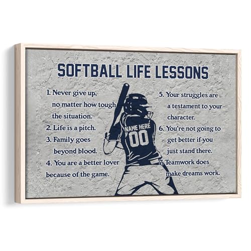 Personalized Softball Poster & Framed Canvas, Softball Life Lessons Inspirational Quote Home Office Decor, Custom Name Number Bedroom Living Room Aesthetic Wall Art Gift For Daughter