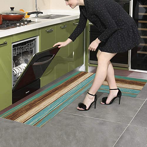 Teal Kitchen Rugs And Mats Set Of 2, Rustic Farmhouse Wood Non-Skid Soft Absorbent Kitchen Mats Set For Floor, Retro Brown Green Comfort Runner Rug Carpets For Sink, Laundry, Dinning Room, Office #TOP2