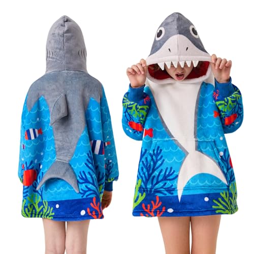 MIZZEO Kids Wearable Blanket Hoodie, Oversized Sherpa Wearable Blanket with Hood Pocket and Sleeves for Toddlers, Cute Hoodies 6-10 Year Old Girls Youth Birthday Gifts (shark)