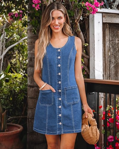 luvamia Denim Dresses for Women Sleeveless Stretchy Jean Summer Casual Western Short Button Down Dress with Patch Pocket2