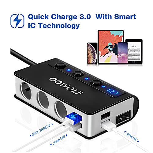 Image of OOWOLF Quick Charge 3.0 Cigarette Lighter Adapter,180W 12V /24V 3-Socket DC Power Car Splitter with 6.6A 4 USB Ports,LED Display Voltage, Individual Switch