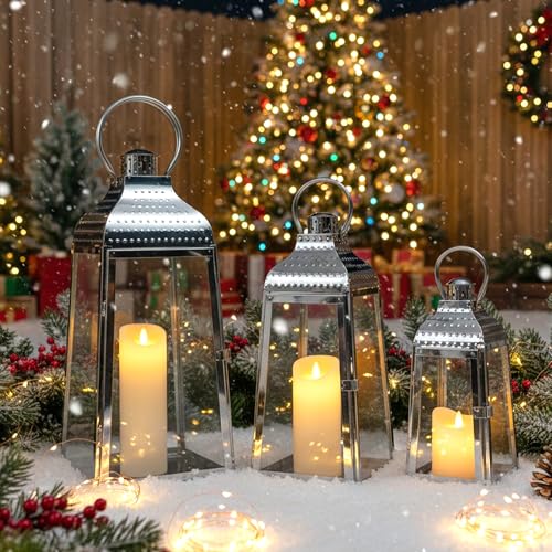 TRIROCKS 3er-Set Kerzenlaternen aus Edelstahl 52 cm & 41 cm & 30 cm Hoch Dekorative Kerzenhalter mit Gehärtetem Glas für Drinnen Draußen Veranda Garten Partys Hochzeiten Veranstaltungen (Silber)