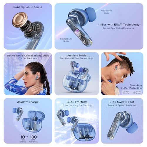 Image of Boat Airdopes 191 ANC, 32dB ANC, Ambient Mode, 60HRS Battery, 4Mics ENx, in-Ear Detection, IWP Tech, Fast Charge, v5.3 Bluetooth Earbuds, TWS Ear Buds Wireless Earphones with mic (Pellucid Blue)