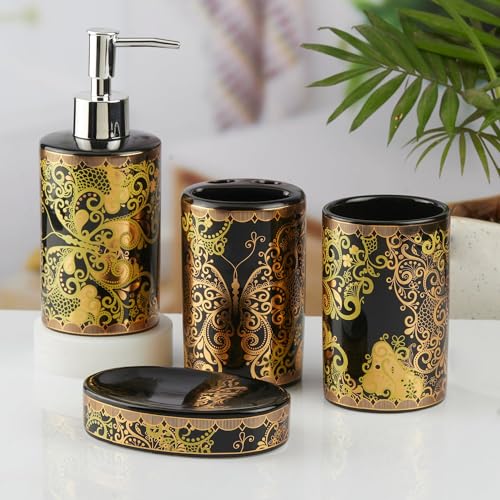 Image of SaSaSa Ceramic Bathroom Accessories Set of 4 Modern Bath Set with Soap Dispenser & Toothbrush Holder, Luxury Home & Gift Idea, Black /Gold (10460)
