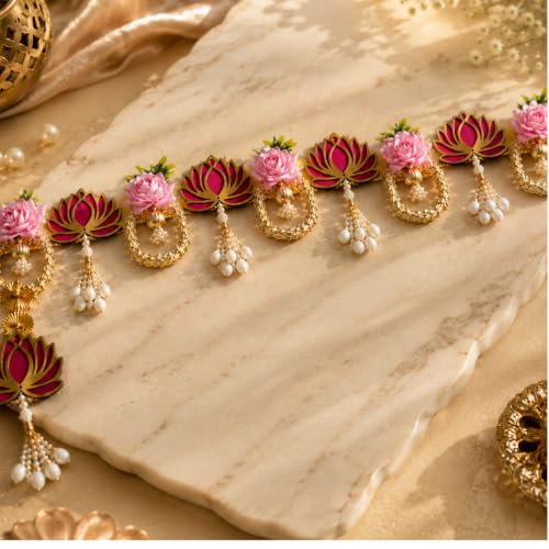 Image of Decorative Artificial Lotus Flower Toran for Door | Wall Hanging Bandhanwar | Home Entrance Decor for Diwali, Pooja, Festivals | Size 37 to 41 Inch