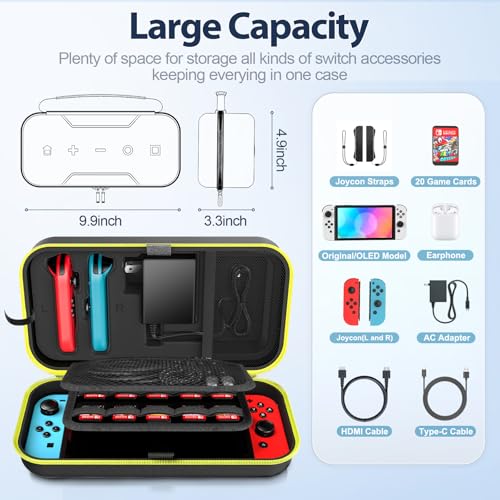 Switch OLED Carrying Case Compatible with Nintendo Switch & OLED, Portable Switch Travel Carry Case Fit for Joy-Con and Adapter, Hard Shell Protective Switch Pouch Bag with 20 Games, Yellow